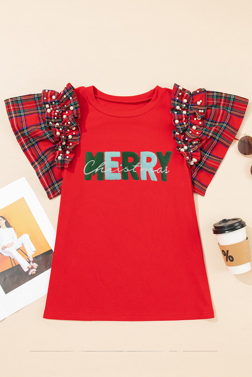 Racing Red MERRY Patched Graphic Pearled Plaid Ruffled Sleeve Patchwork Tee
