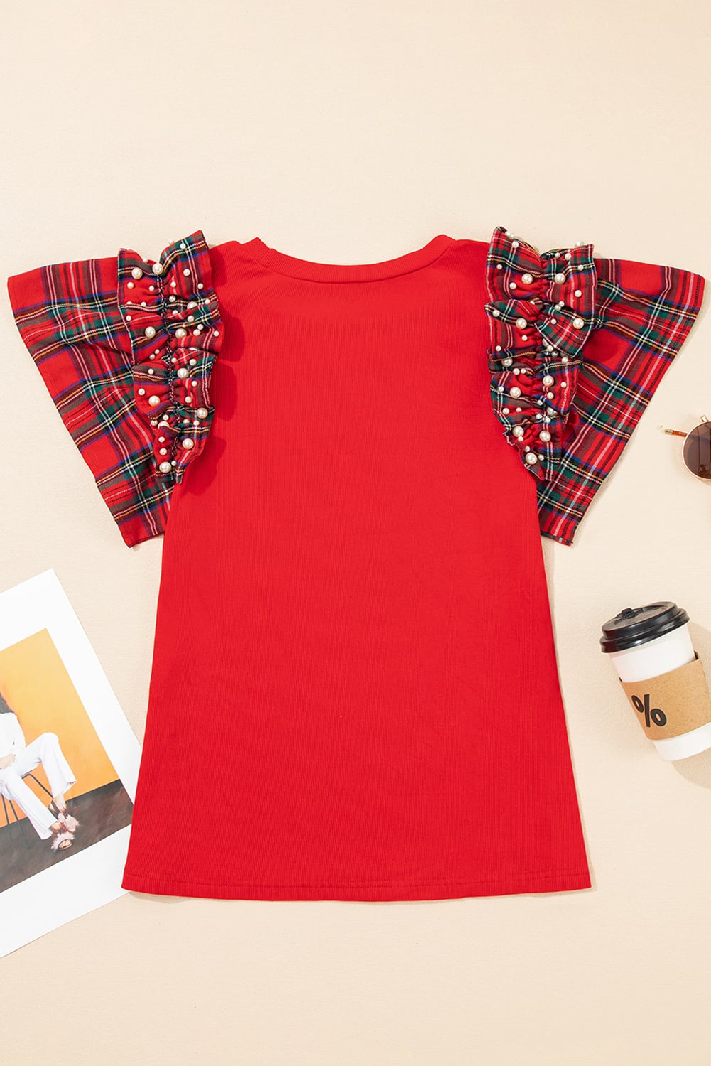 Racing Red MERRY Patched Graphic Pearled Plaid Ruffled Sleeve Patchwork Tee