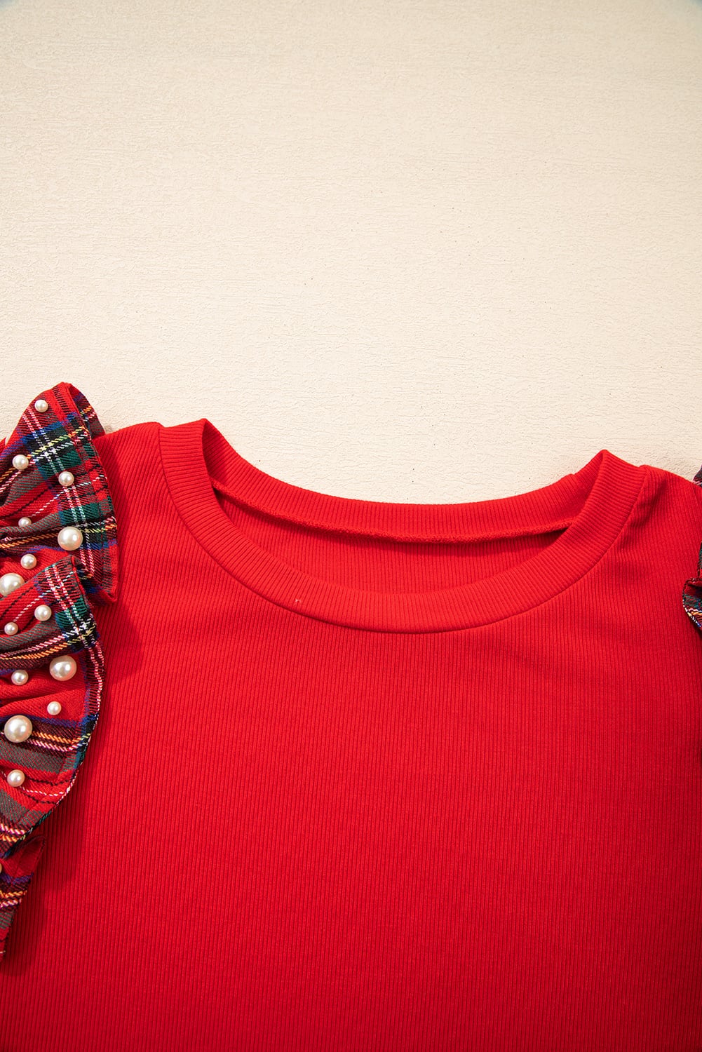Racing Red Plaid Pearl Ruffle Short Sleeve Loose T Shirt