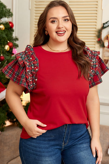 Racing Red Plaid Pearl Ruffled Short Sleeve Knitted Christmas Holiday Plus Size T-shirt