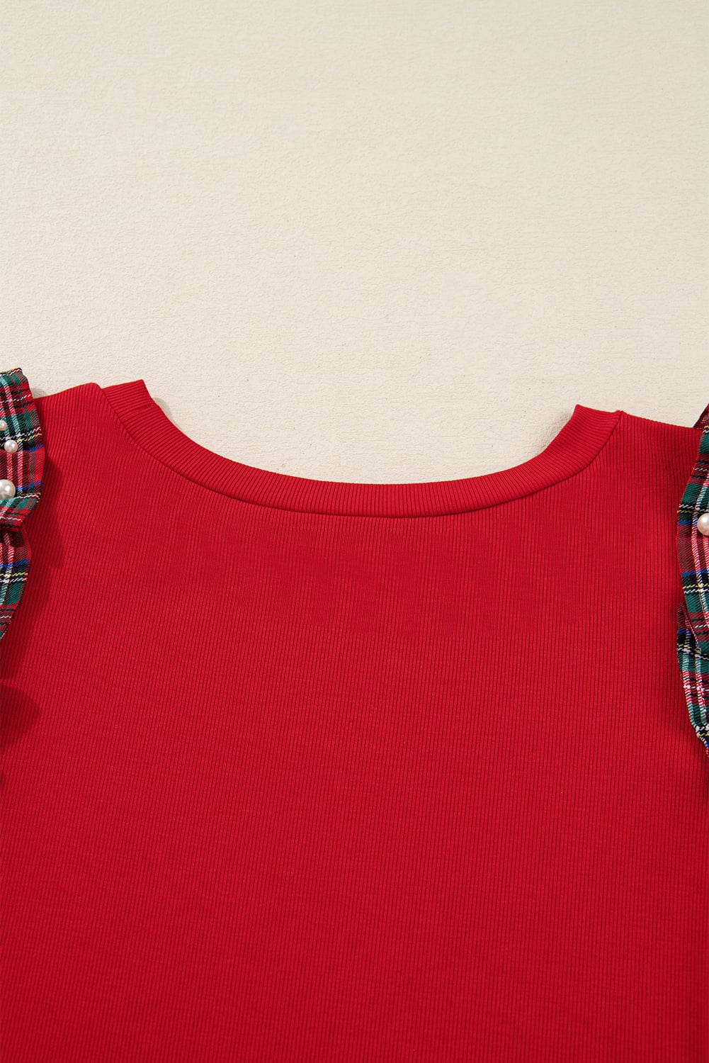 Racing Red Plaid Pearl Ruffled Short Sleeve Knitted Christmas Holiday Plus Size T-shirt