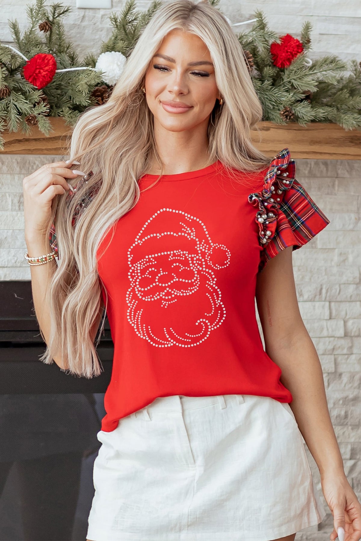 Racing Red Rhinestone Santa Plaid Ruffle Short Sleeve Ribbed Top