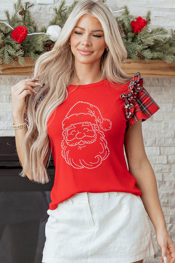 Racing Red Rhinestone Santa Plaid Ruffle Short Sleeve Ribbed Top