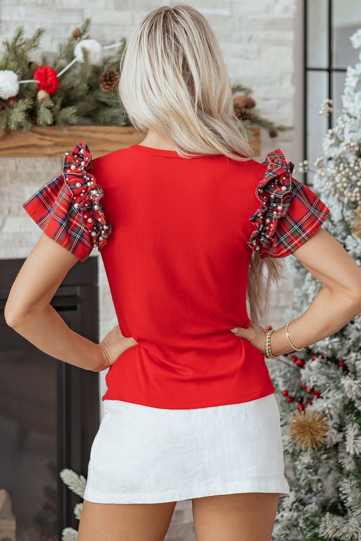 Racing Red Rhinestone Santa Plaid Ruffle Short Sleeve Ribbed Top