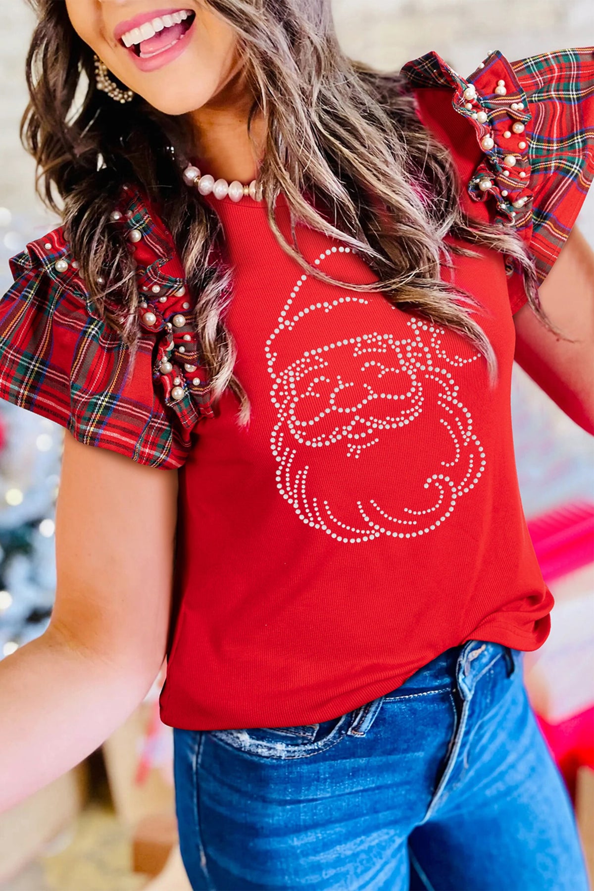 Racing Red Rhinestone Santa Plaid Ruffle Short Sleeve Ribbed Top