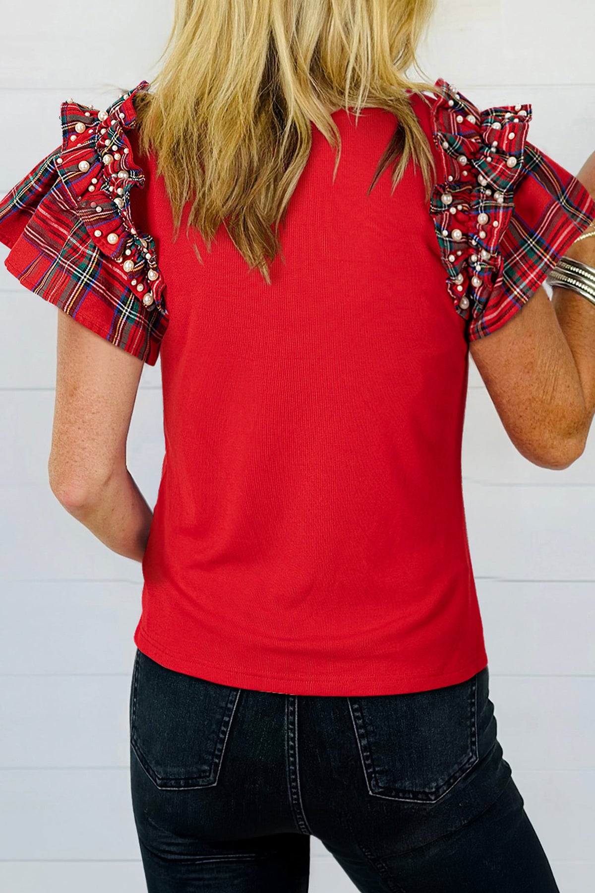 Racing Red Rhinestone Santa Plaid Ruffle Short Sleeve Ribbed Top