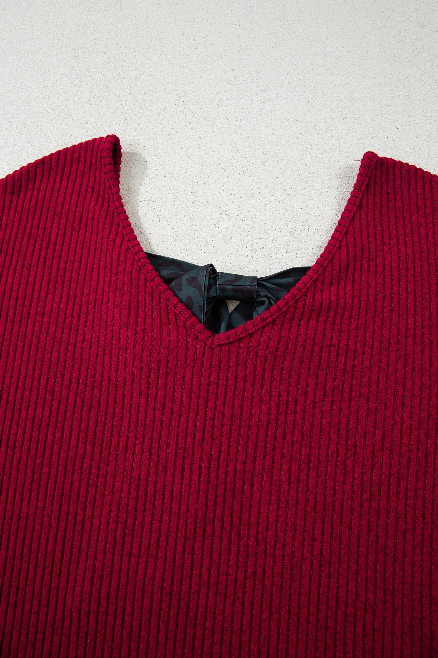 Racing Red Ribbed V Neck Contrast Ribbon Bow Back Drop Shoulder Long Sleeve Top