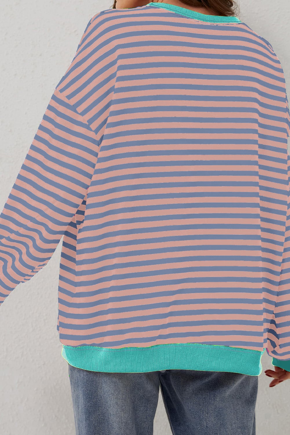 Racing Red Striped Contrast Ribbed Trim Crossed Stitch Drop Shoulder Sweatshirt