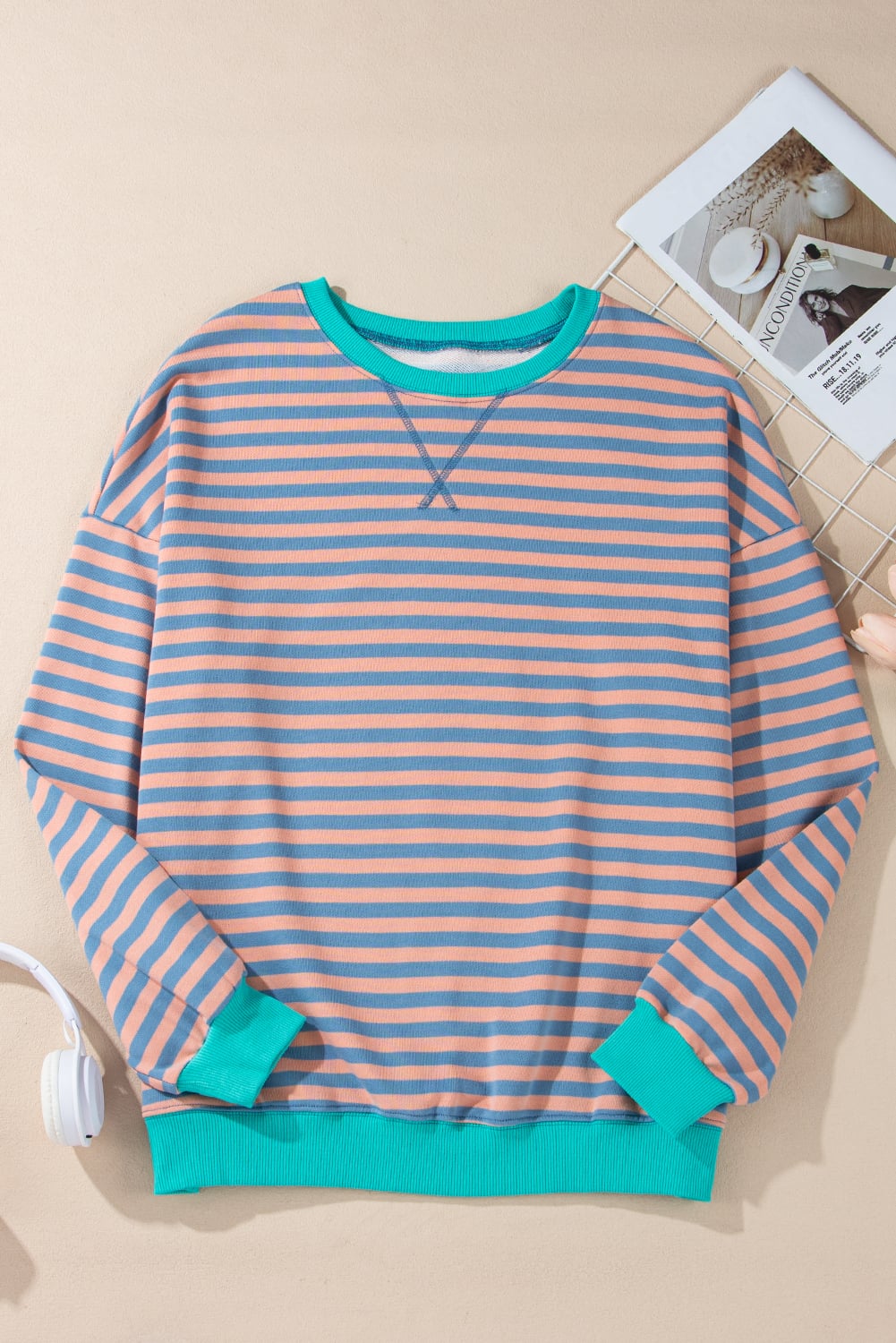 Racing Red Striped Contrast Ribbed Trim Crossed Stitch Drop Shoulder Sweatshirt