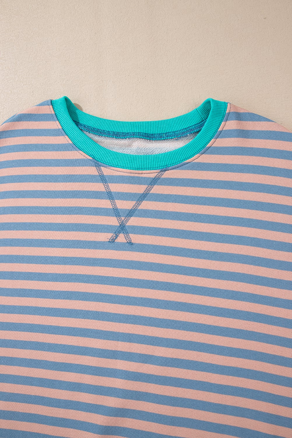 Racing Red Striped Contrast Ribbed Trim Crossed Stitch Drop Shoulder Sweatshirt