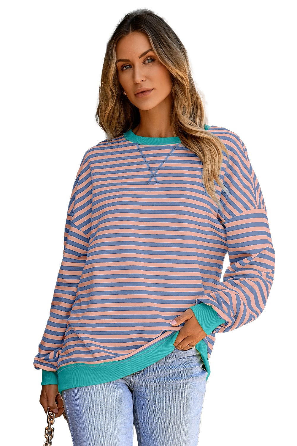 Racing Red Striped Contrast Ribbed Trim Crossed Stitch Drop Shoulder Sweatshirt