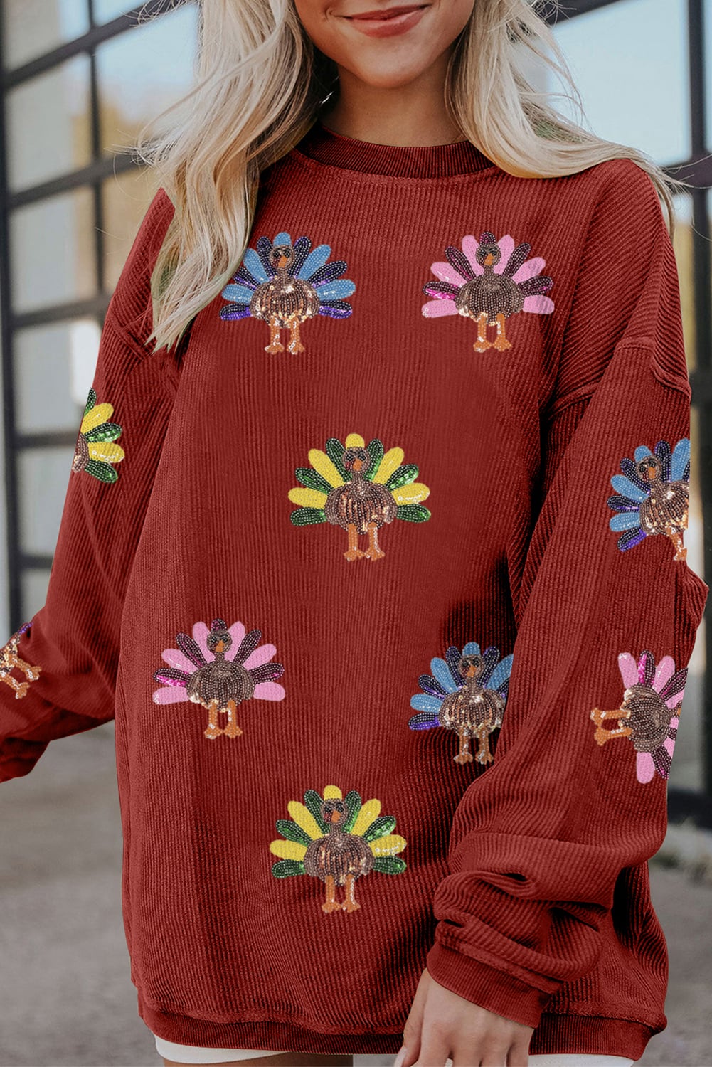 Racing Red Turkey Graphic Corded Baggy Sweatshirt