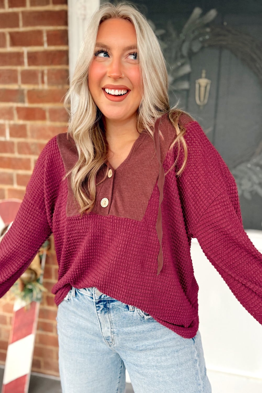 Racing Red Waffle Patchwork Drop Shoulder Hooded Long Sleeve Top