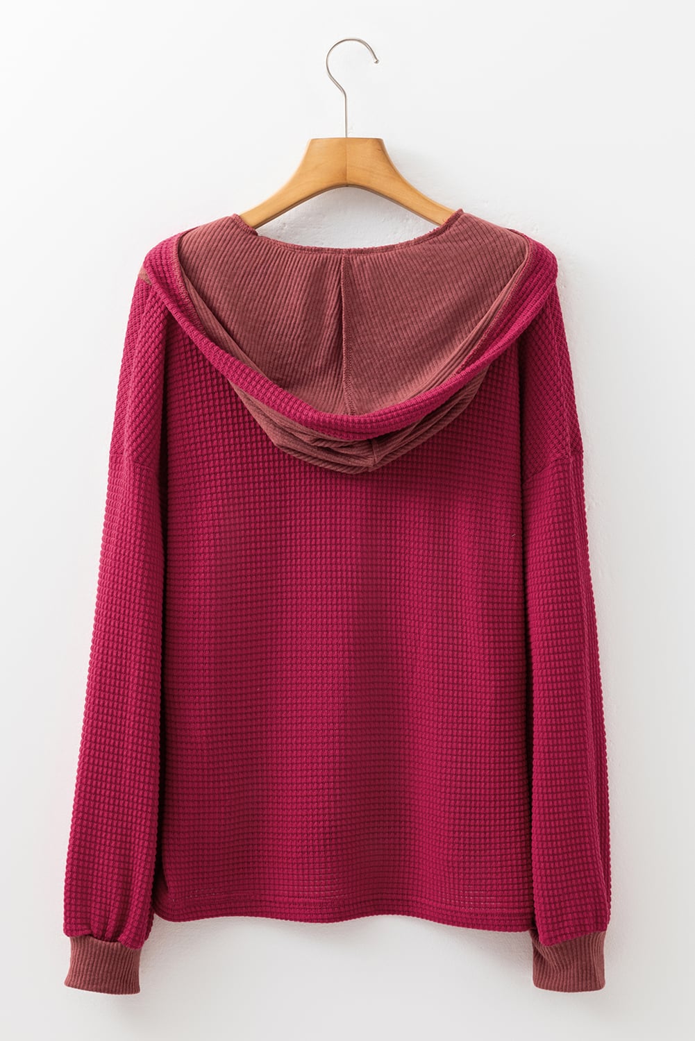 Racing Red Waffle Patchwork Drop Shoulder Hooded Long Sleeve Top