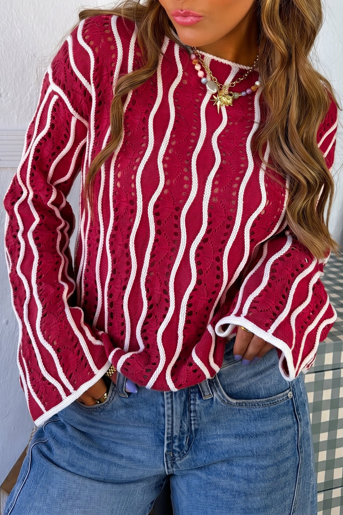 Racing Red Wavy Detail Hollow Out Knit Long Sleeve 100% Cotton Pullover Sweater