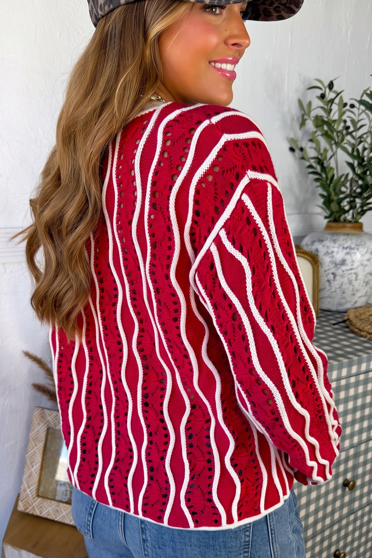 Racing Red Wavy Detail Hollow Out Knit Long Sleeve Cotton Pullover Sweater