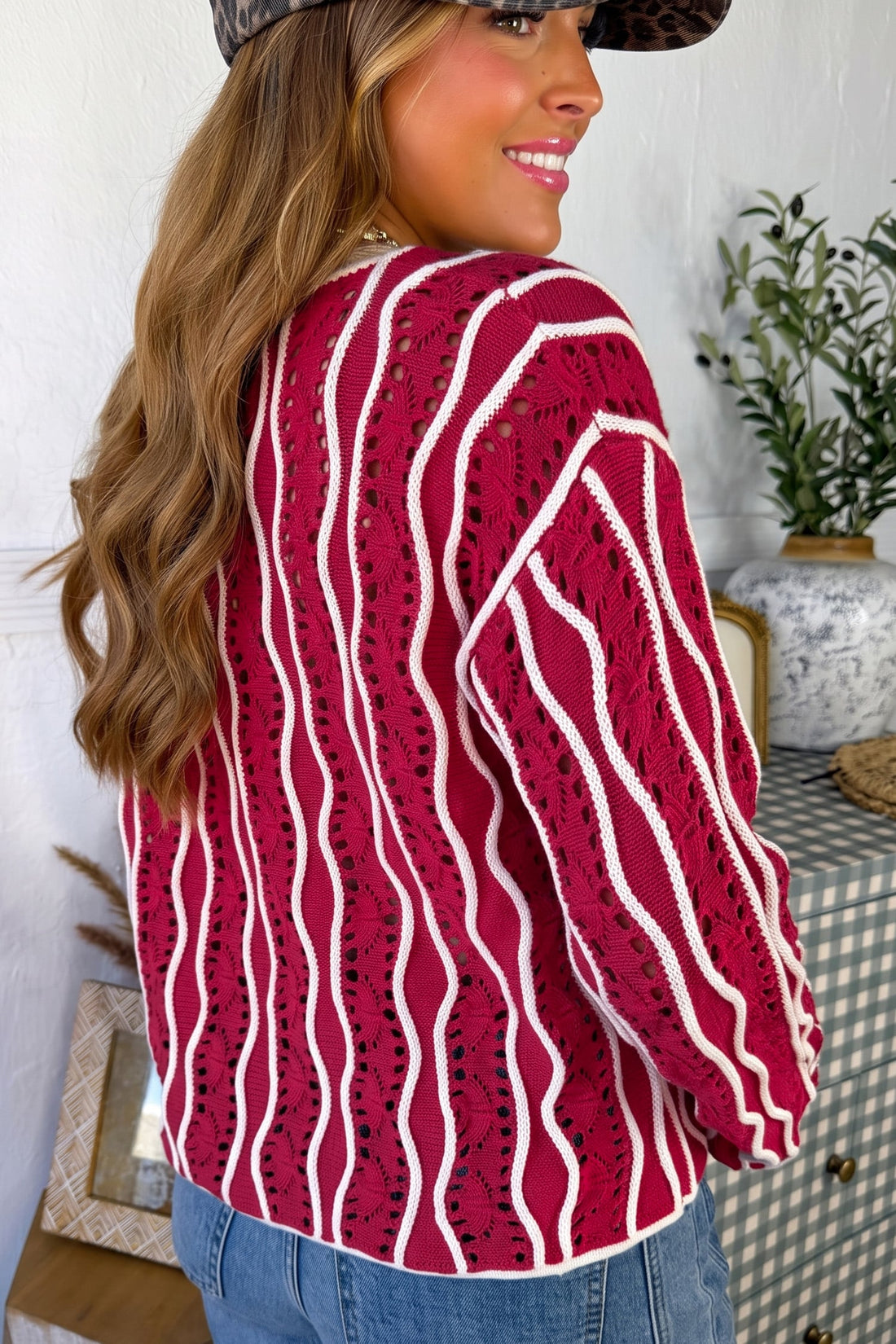 Racing Red Wavy Detail Hollow Out Knit Long Sleeve 100% Cotton Pullover Sweater