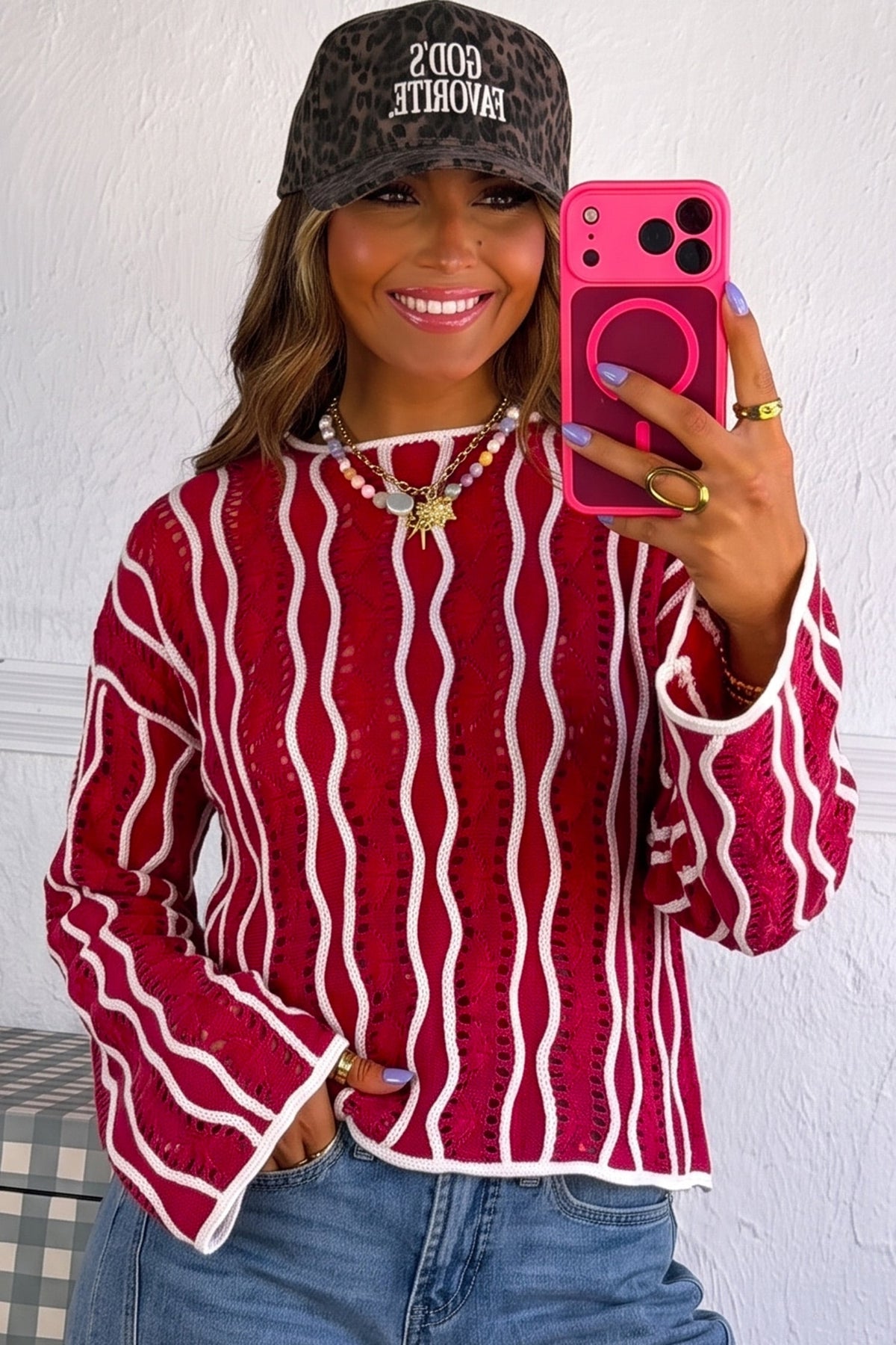Racing Red Wavy Detail Hollow Out Knit Long Sleeve Cotton Pullover Sweater