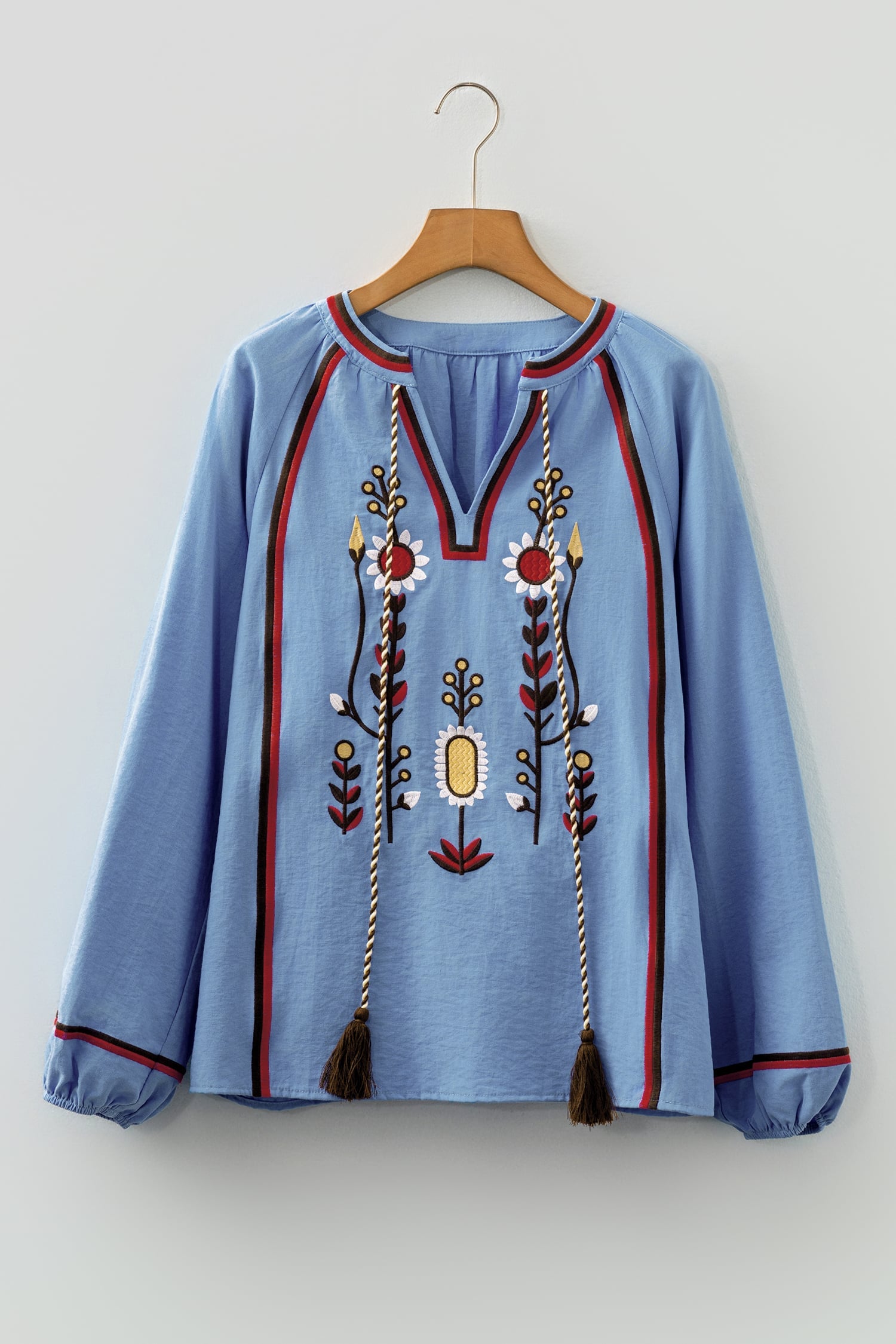 Real Teal Floral Embroidered Split Neck Tassel Tie Puff Sleeve Blouse