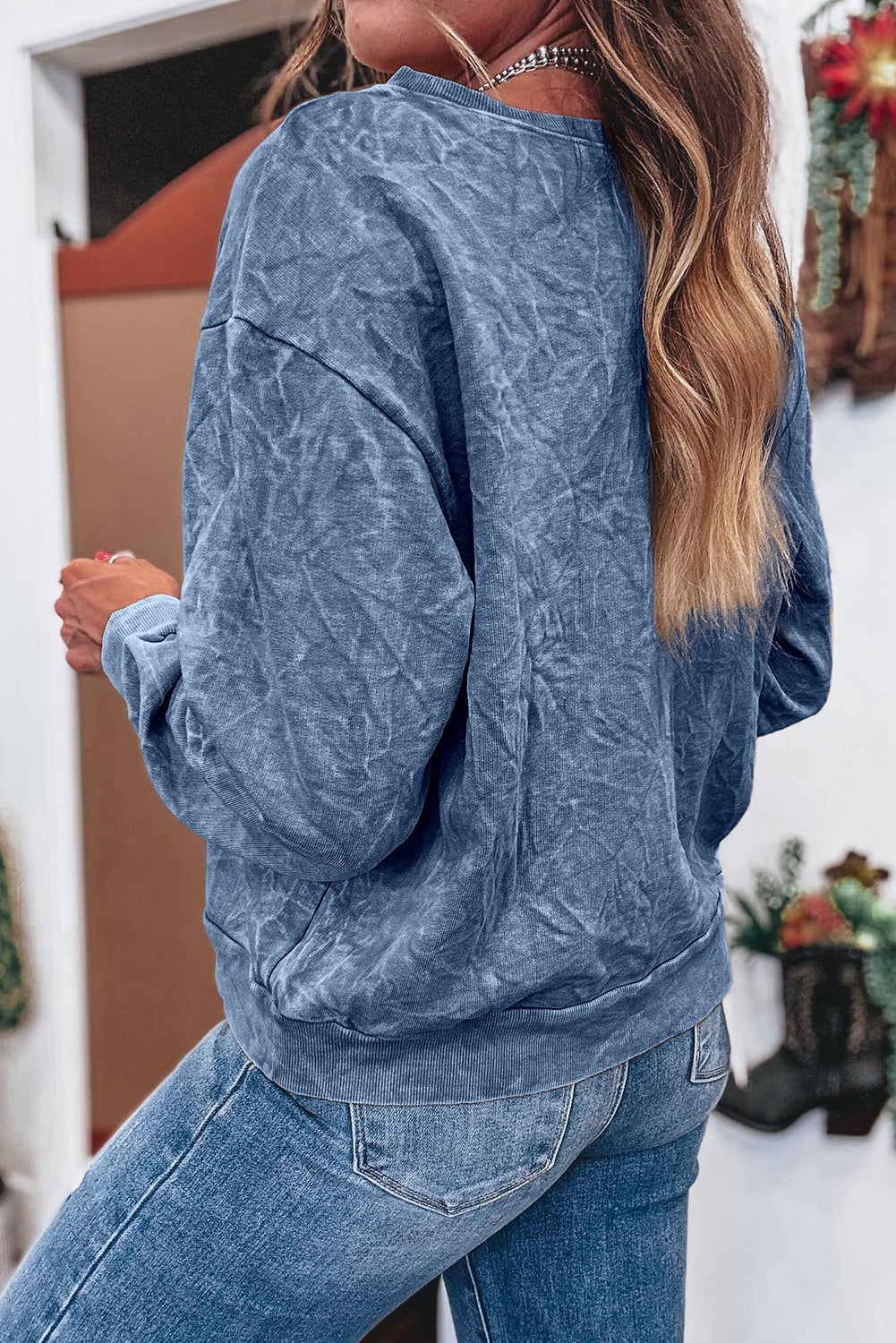 Real Teal saved by grace Letter Embroidery Mineral Wash Loose Sweatshirt