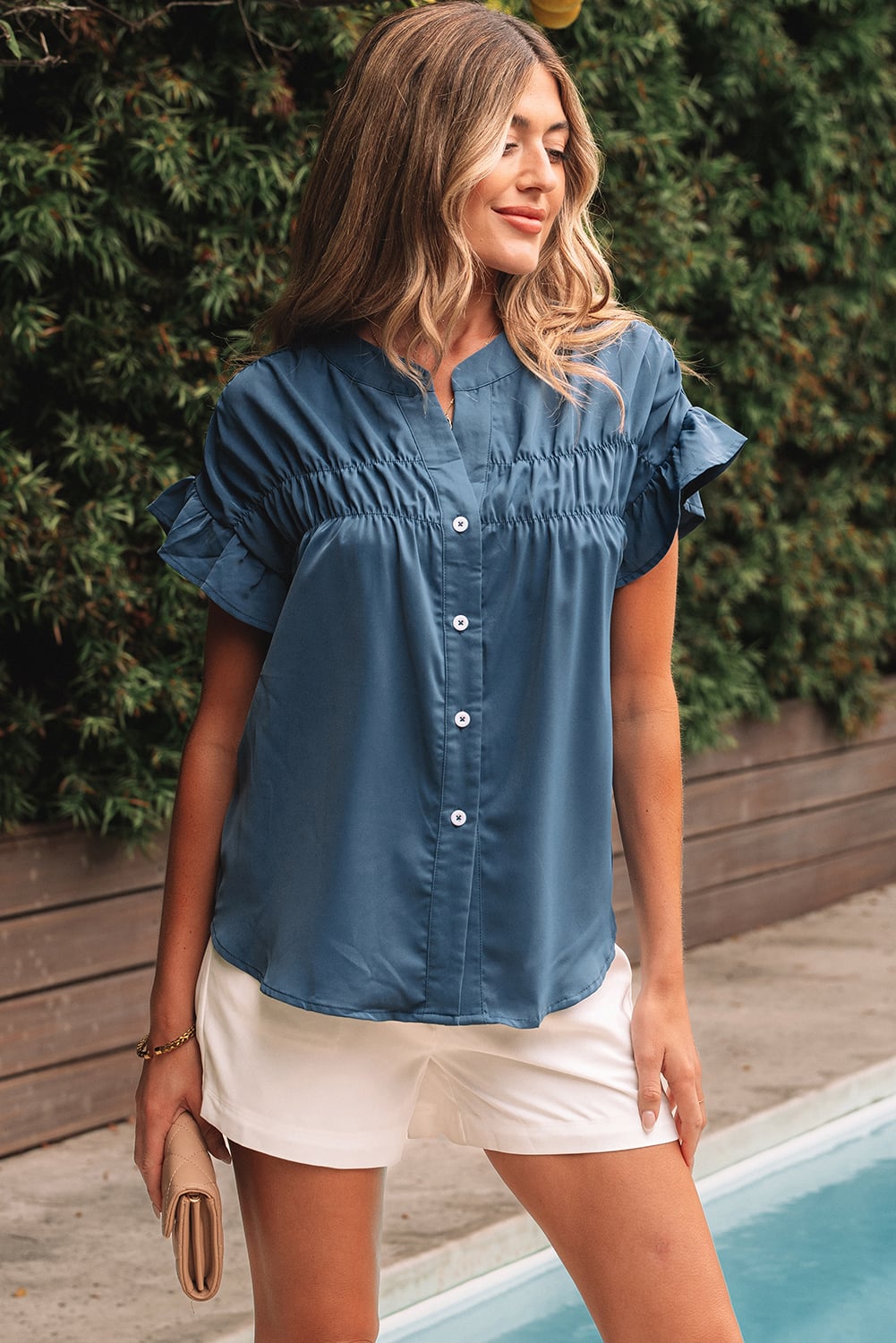 Real Teal Solid Color Ruffle Ruched Short Sleeve Buttoned Shirt