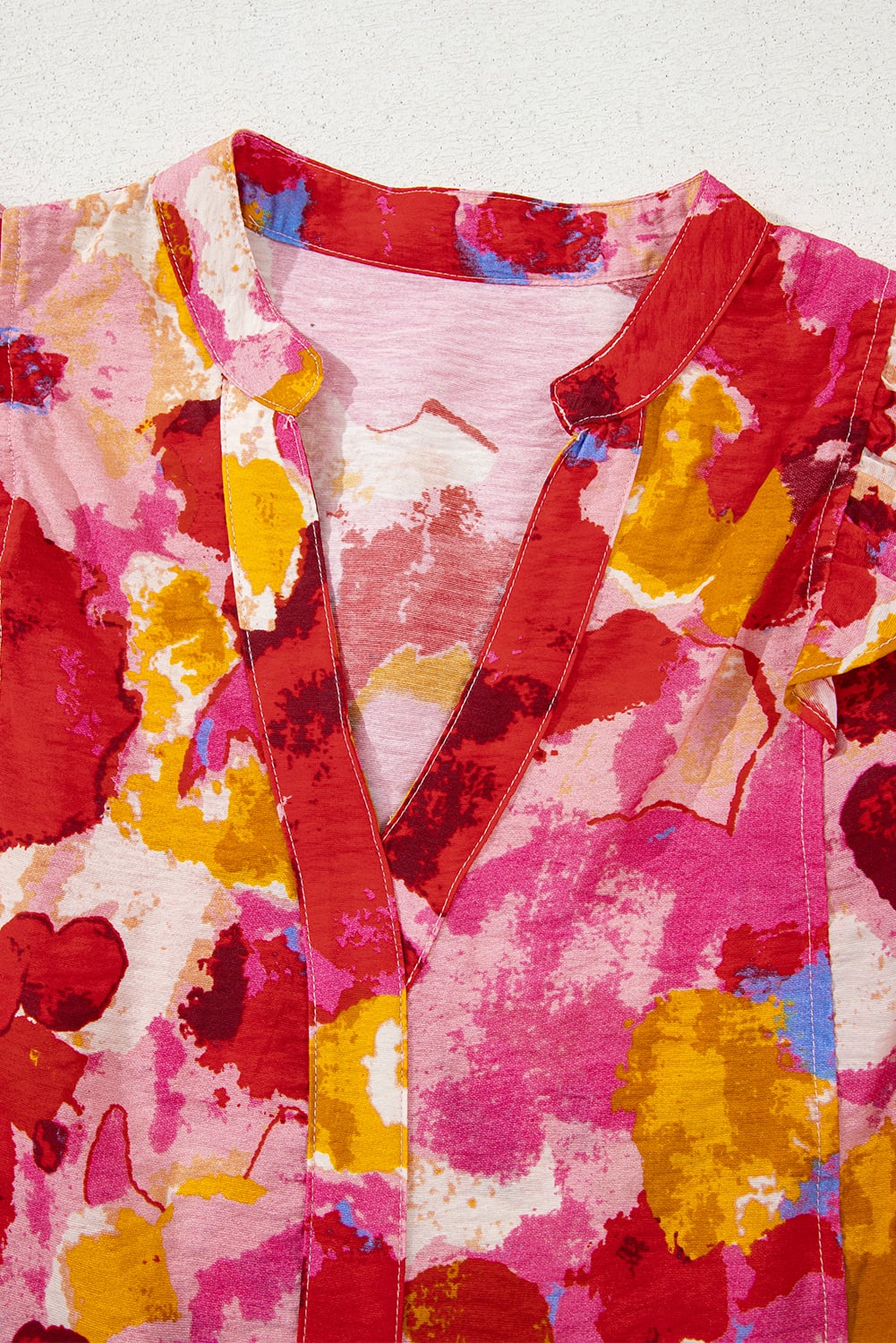 Red Abstract Print Split V Neck Ruffle Short Sleeve Blouse