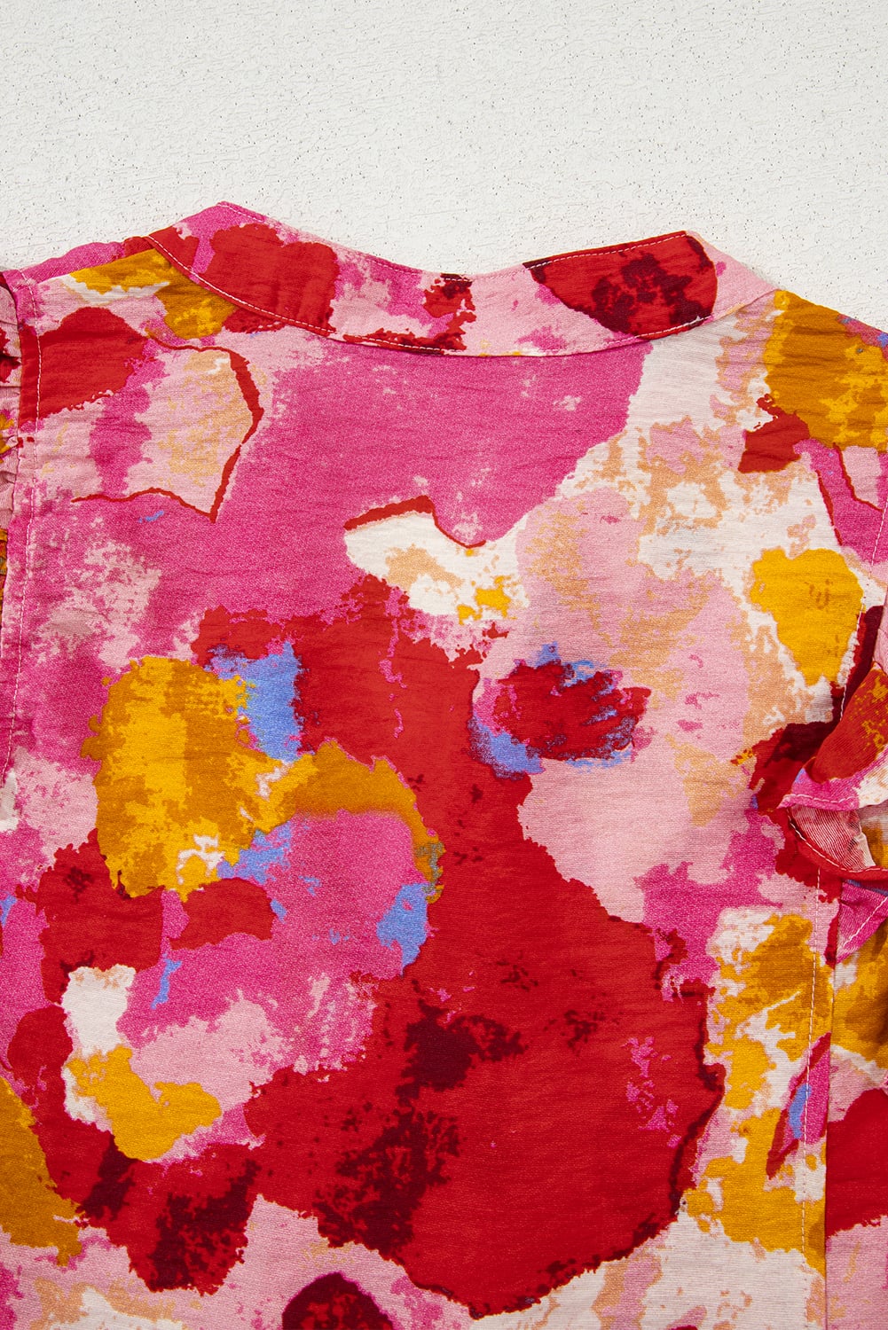 Red Abstract Print Split V Neck Ruffle Short Sleeve Blouse