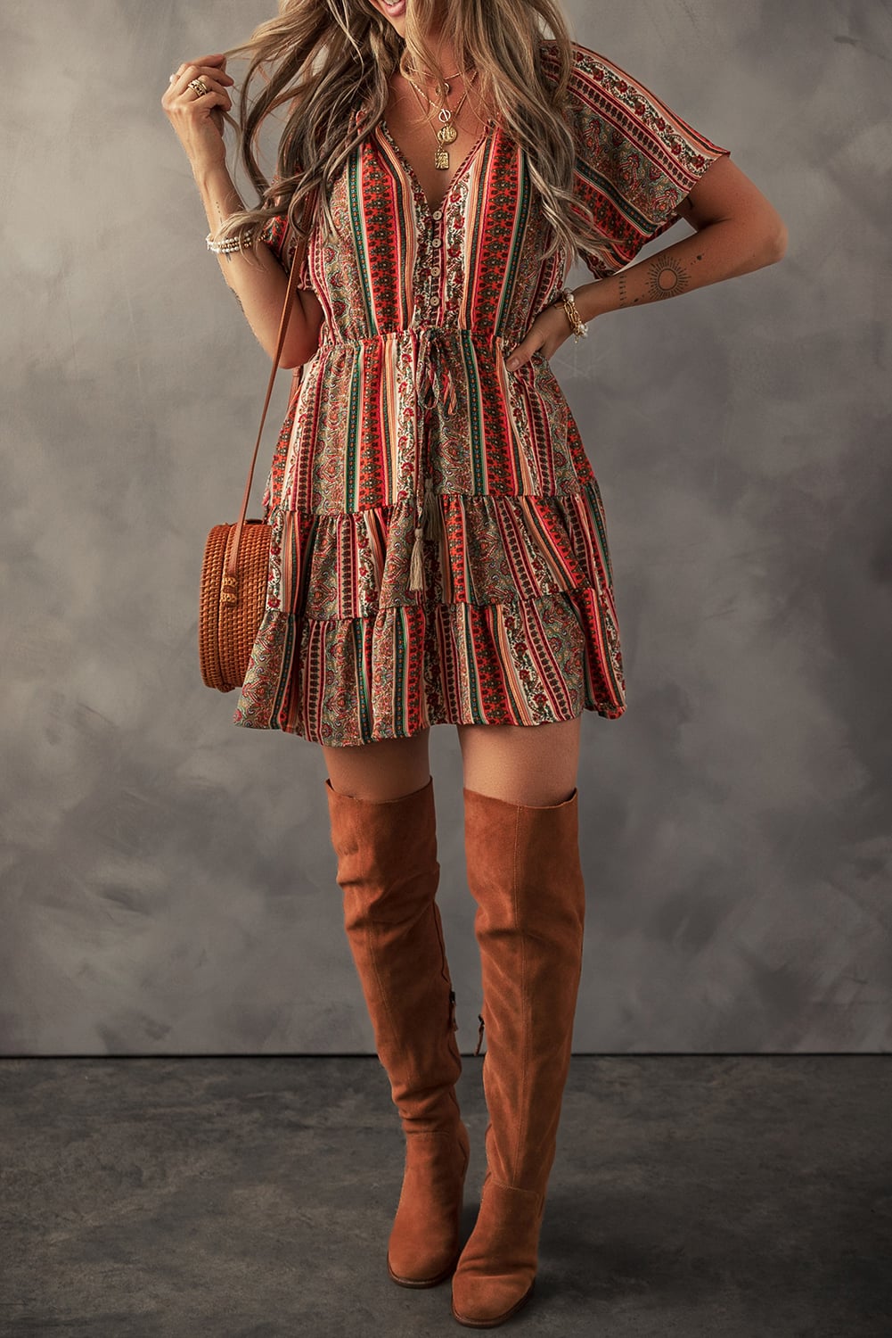Red Bohemian Floral Print Buttoned V Neck Ruffle Tiered Dress