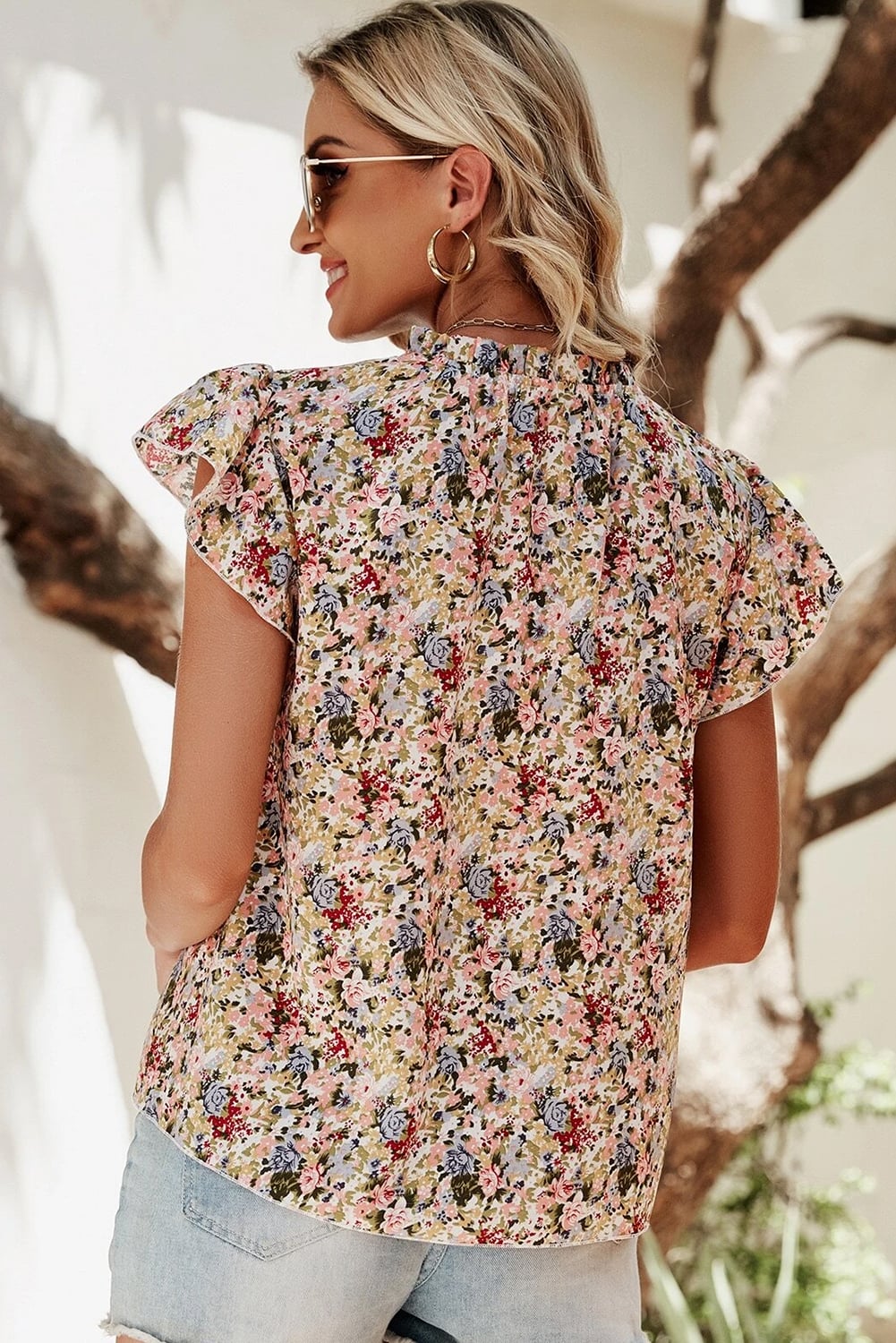 Red Boho Floral Frilled Button Neck Ruffle Short Sleeve Blouse