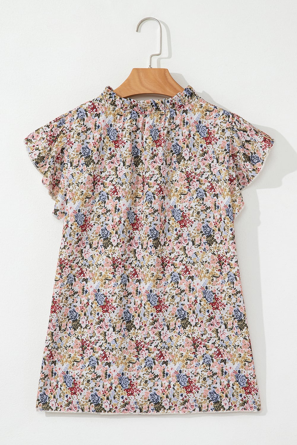 Red Boho Floral Frilled Button Neck Ruffle Short Sleeve Blouse