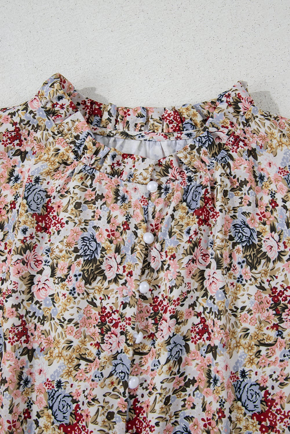 Red Boho Floral Frilled Button Neck Ruffle Short Sleeve Blouse