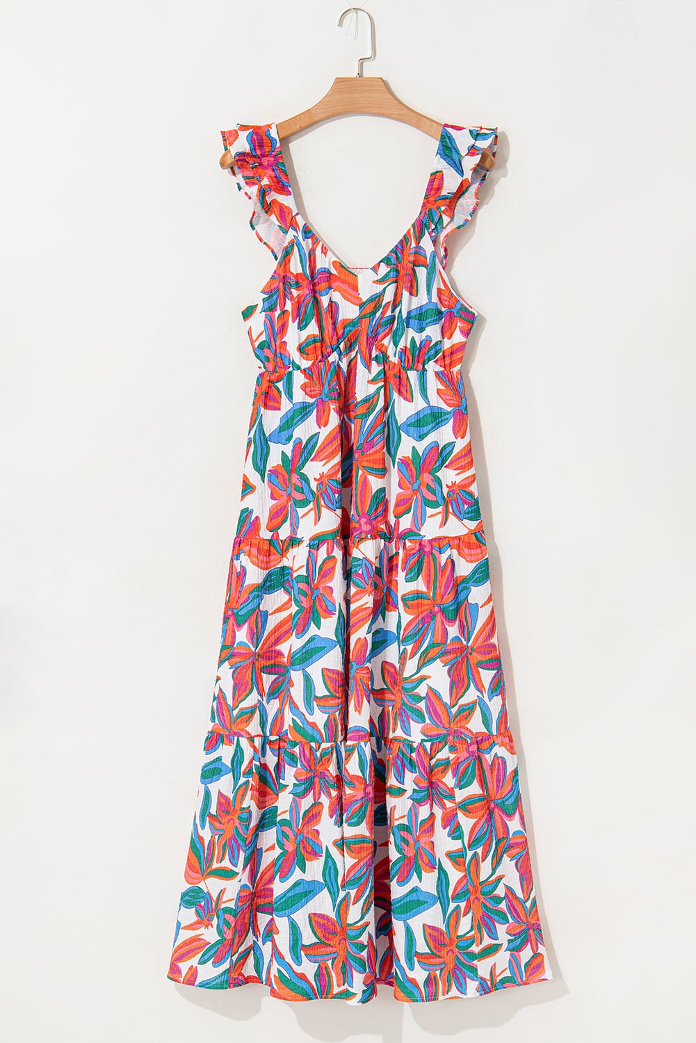 Red Boho Floral Ruffled Strap V Neck Maxi Dress