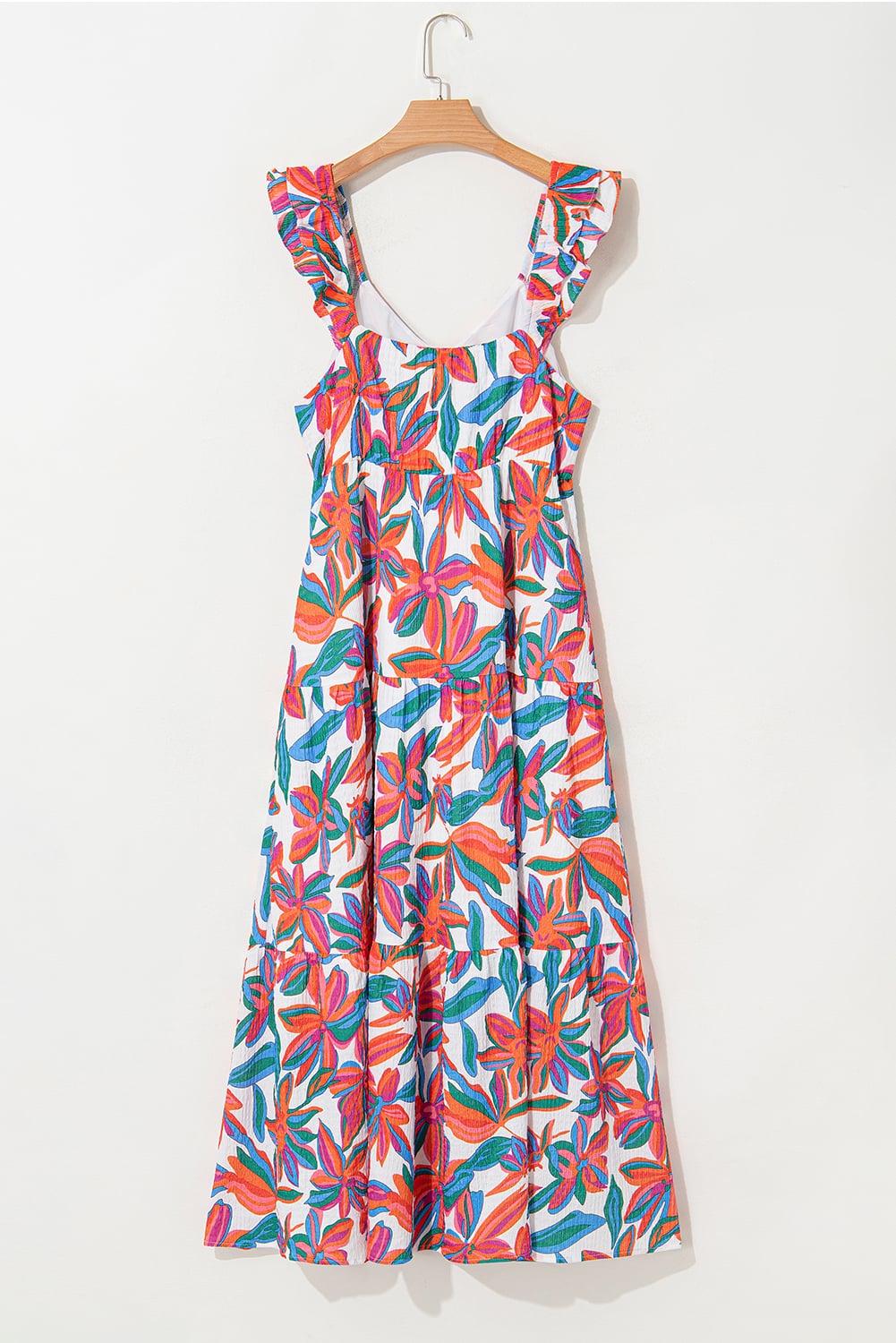 Red Boho Floral Ruffled Strap V Neck Maxi Dress