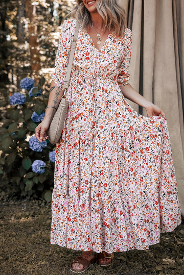 Red Boho Half Sleeve Floral V Neck Maxi Dress