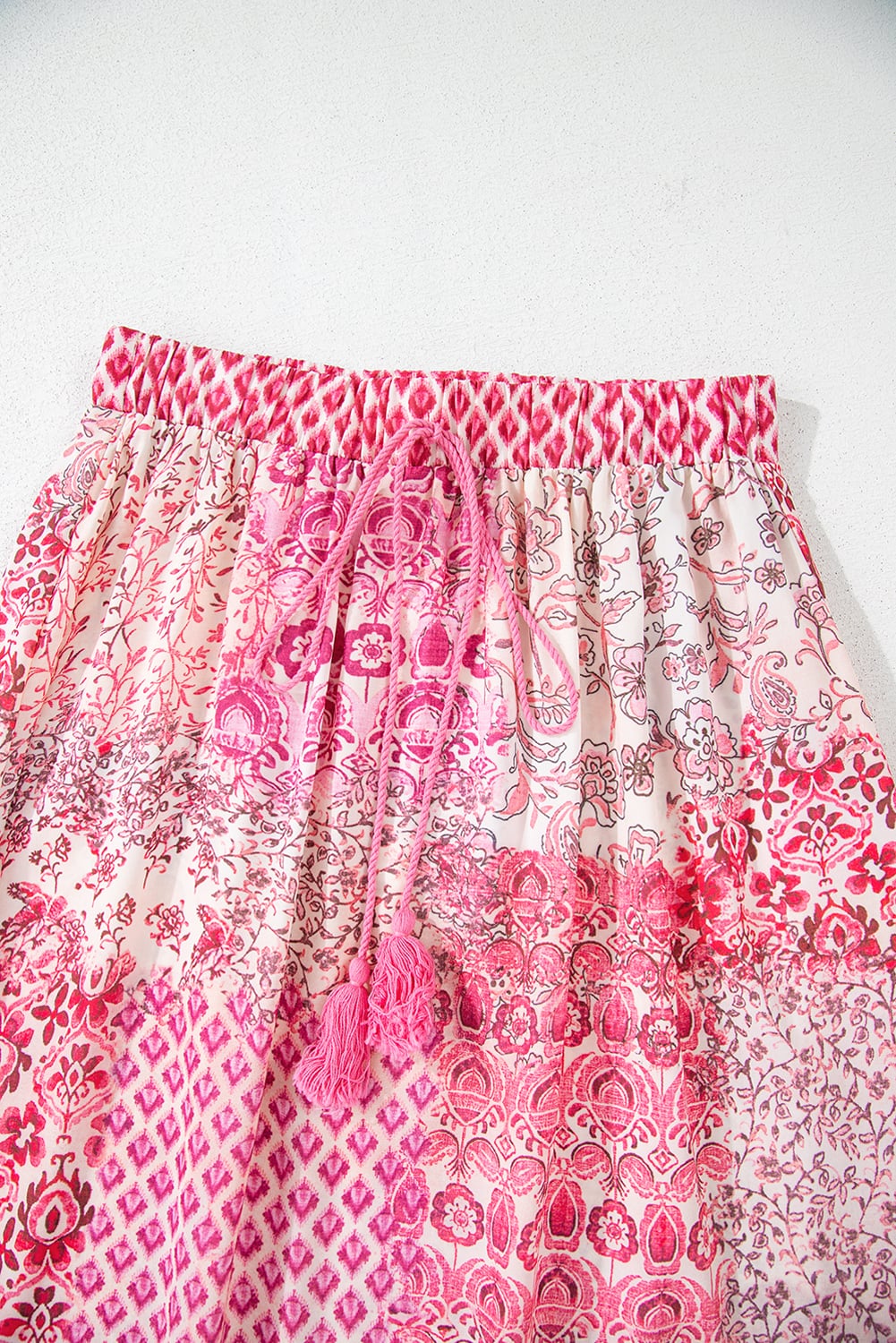 Red Boho Pattern Print Tassel Drawstring Elastic Waistband Maxi Skirt