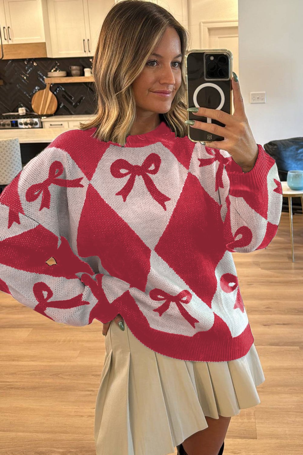 Red Bow Print 2-tone Rhombus Knit Loose Sweater