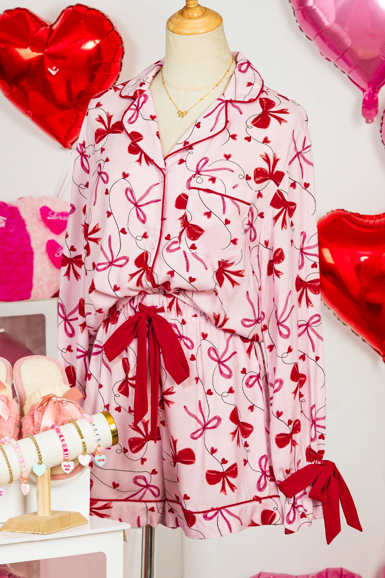 Red Bow Print Valentine Long Sleeve Shirt Shorts 2 Pcs Pajama Set