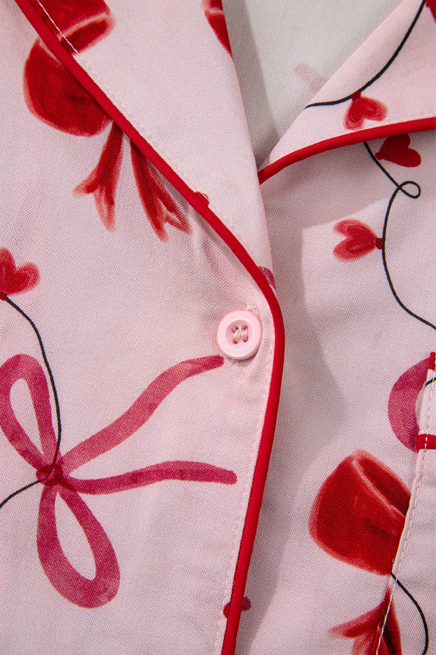 Red Bow Print Valentine Long Sleeve Shirt Shorts 2 Pcs Pajama Set