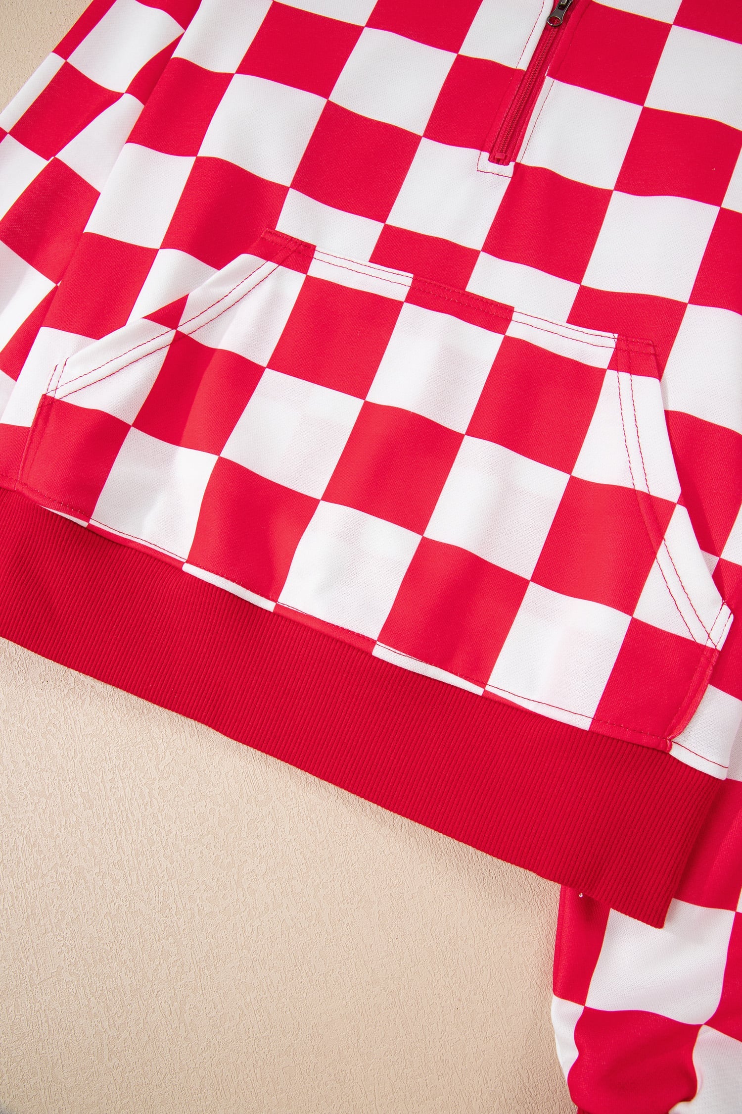 Red Checkered Print Half Zip Hoodie Loose Pant Set