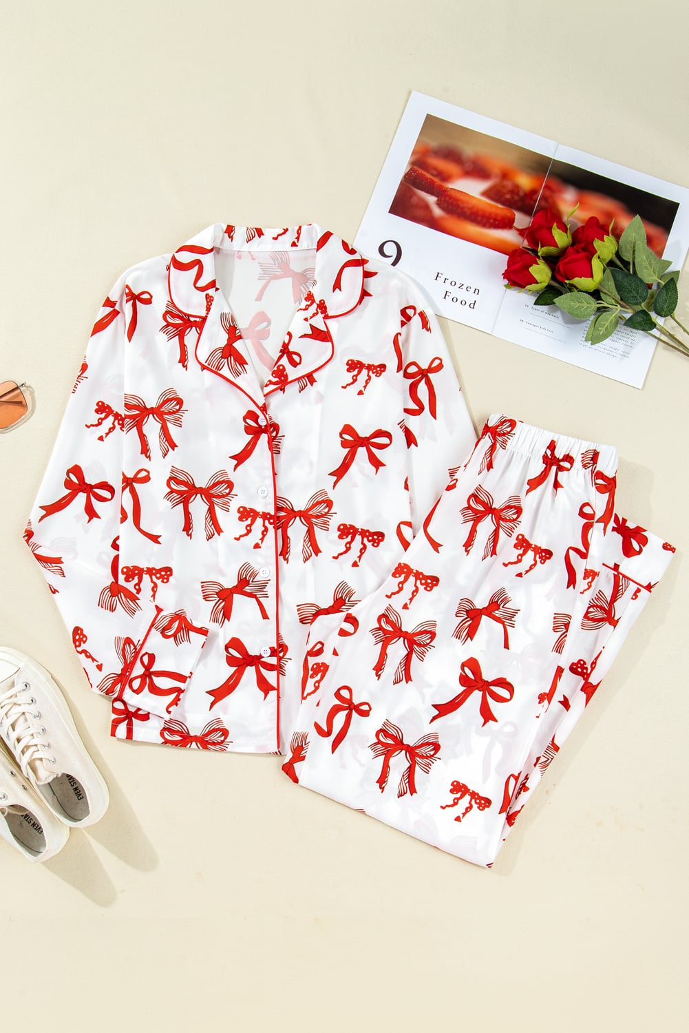 Red Christmas Bow Print Long 2pcs Pajama Set