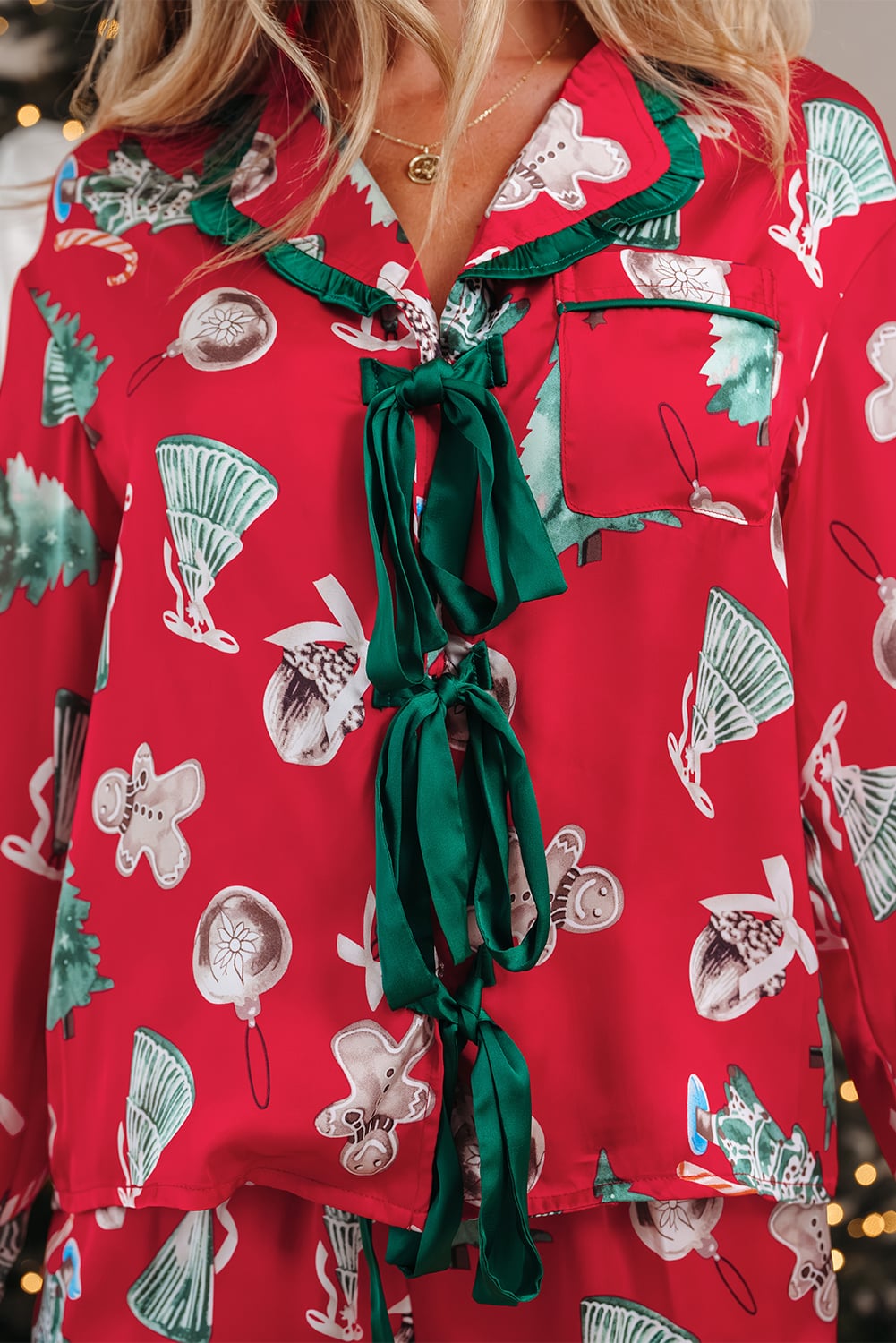 Red Christmas Fashion Print Contrast Ruffle Trim Ribbon Bow Knot 2pcs Pajama Set