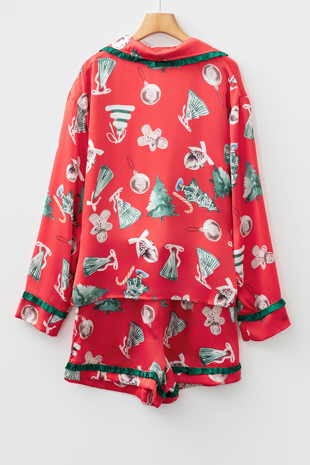 Red Christmas Fashion Print Contrast Ruffle Trim Ribbon Bow Knot 2pcs Pajama Set