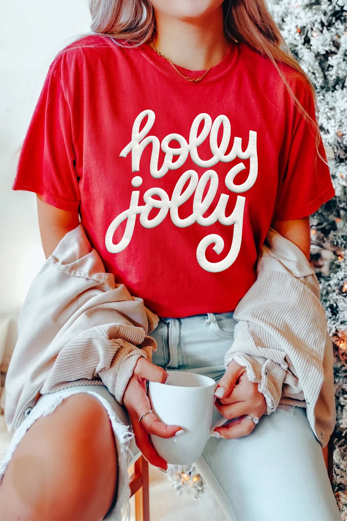 Red Christmas Holly Jolly Slogan Casual Crew Neck Graphic T-Shirt