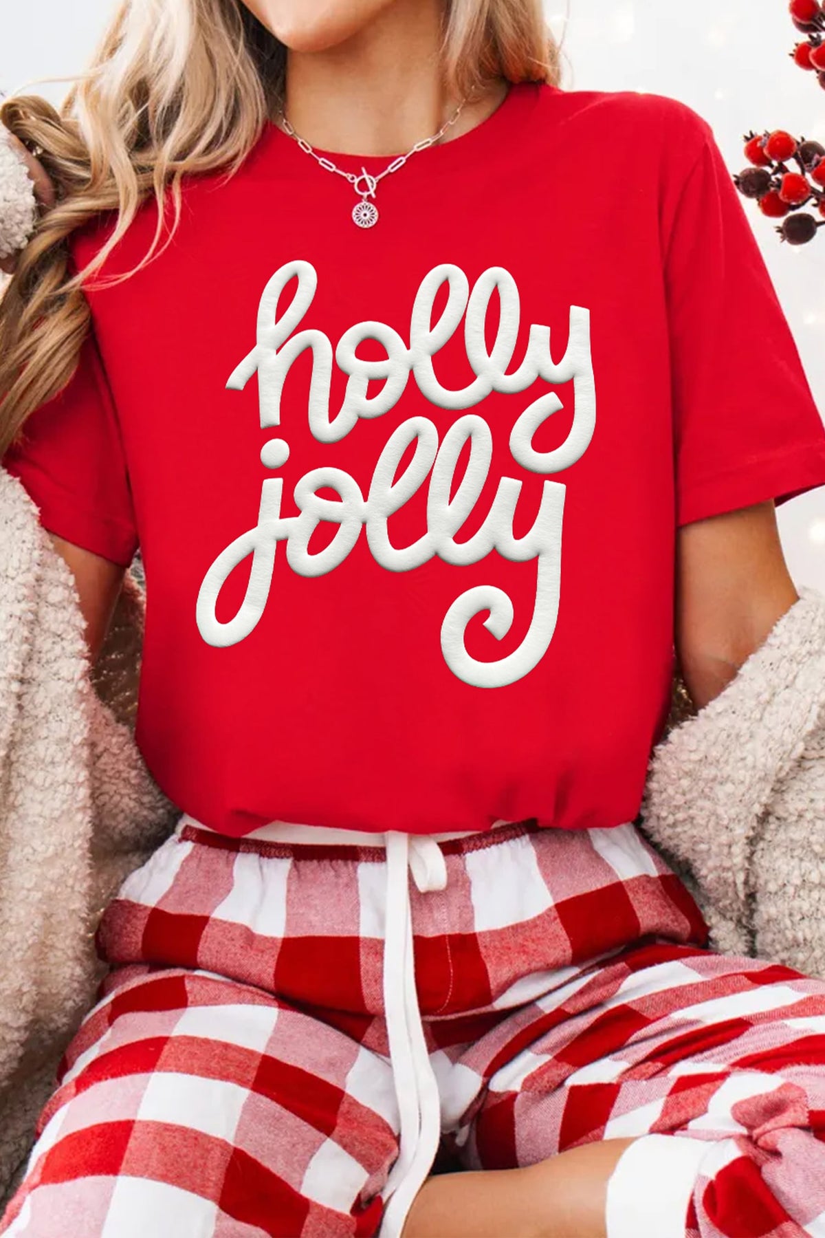 Red Christmas Holly Jolly Slogan Casual Crew Neck Graphic T-Shirt