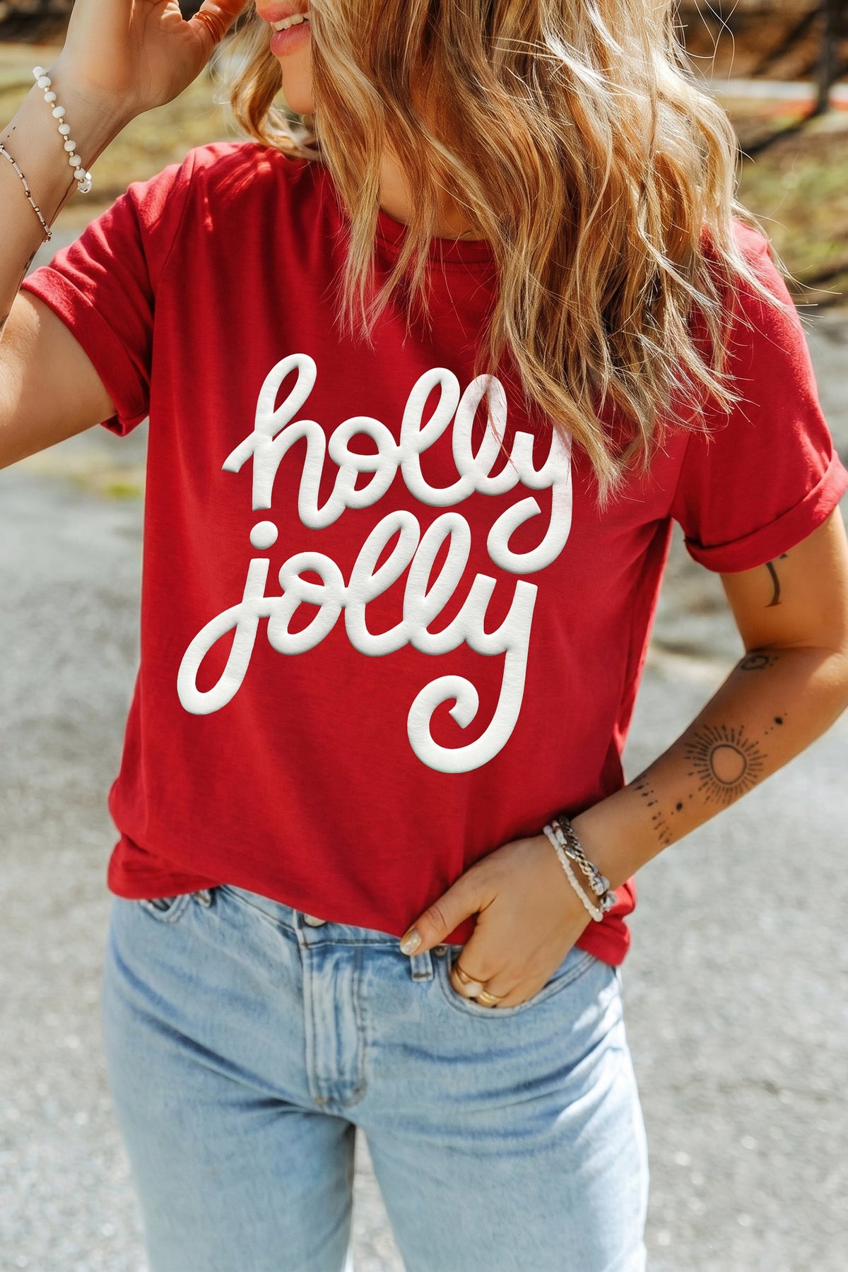 Red Christmas Holly Jolly Slogan Casual Crew Neck Graphic T-Shirt