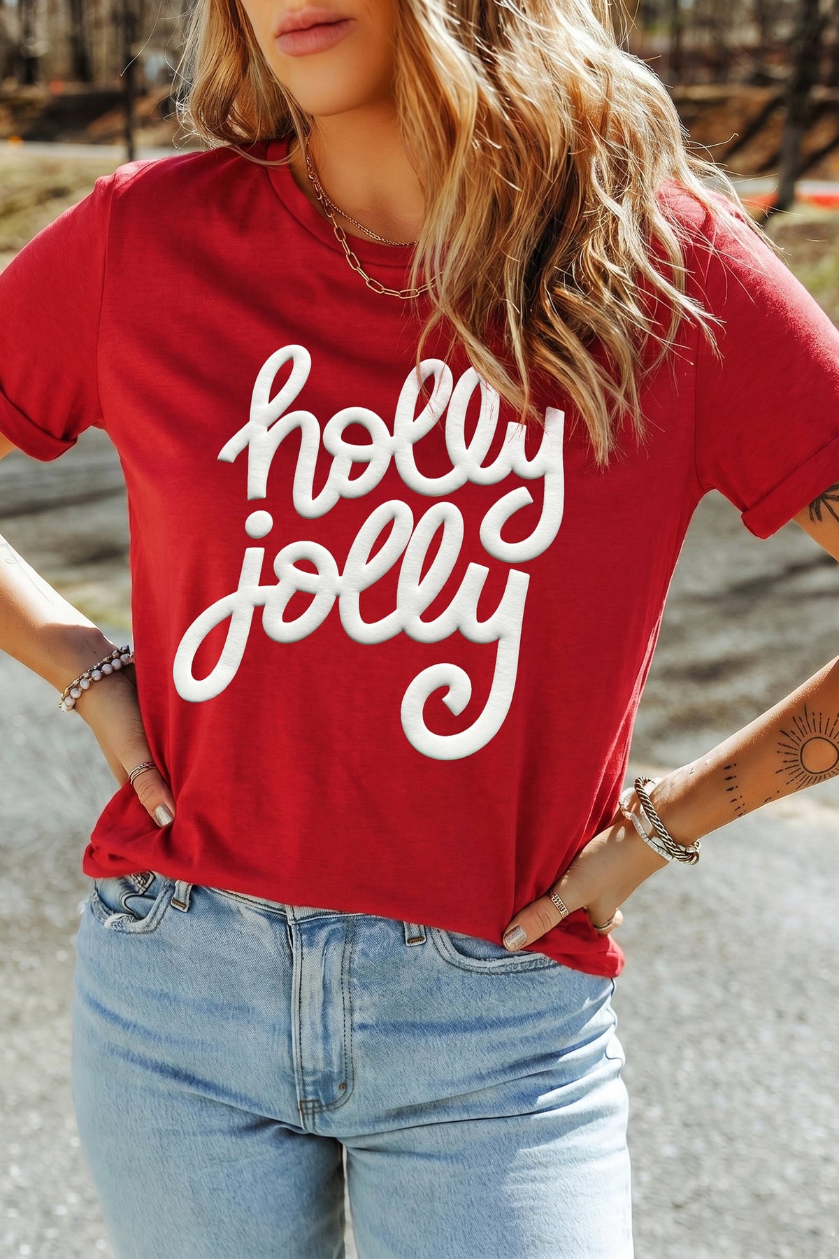 Red Christmas Holly Jolly Slogan Casual Crew Neck Graphic T-Shirt