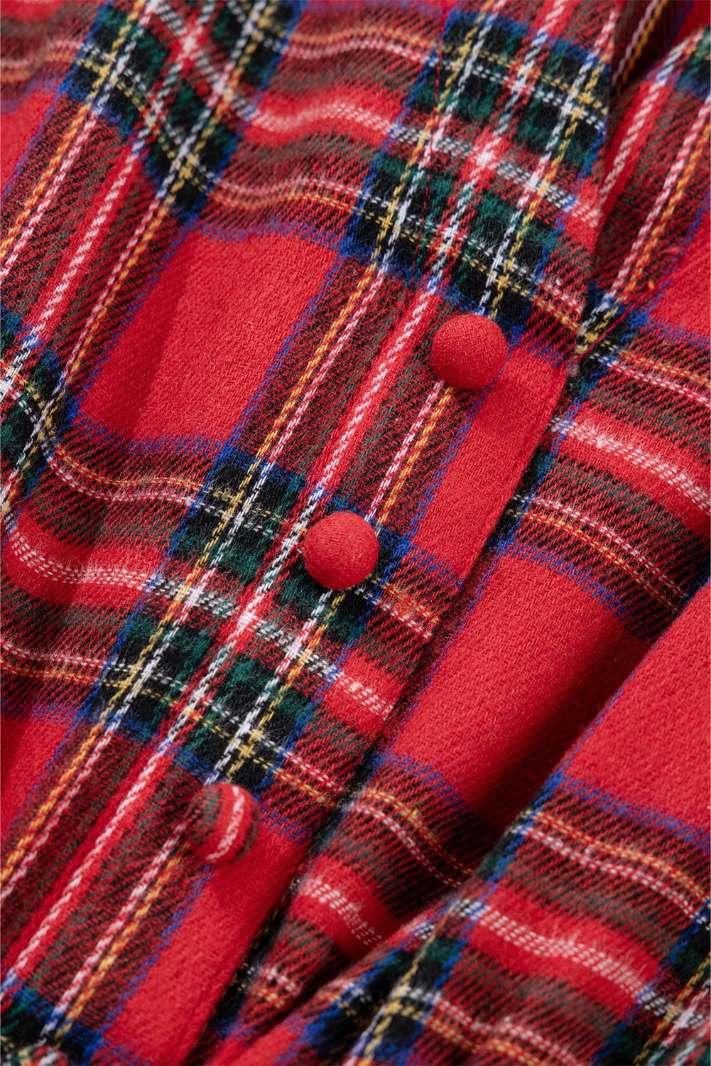 Red Christmas Plaid V Neck 3/4 Sleeve Tie Waist Ruffle Hem Long Dress