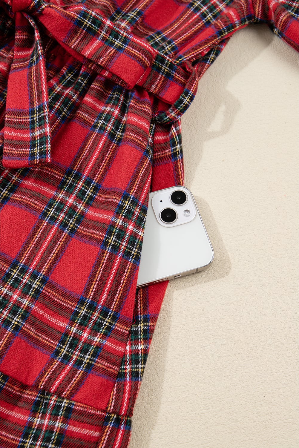 Red Christmas Plaid V Neck 3/4 Sleeve Tie Waist Ruffle Hem Long Dress