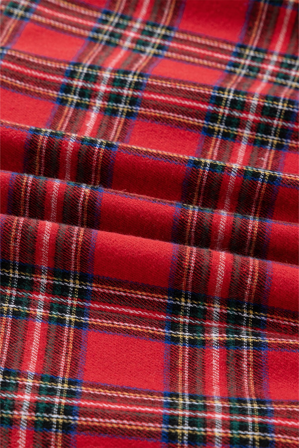Red Christmas Plaid V Neck 3/4 Sleeve Tie Waist Ruffle Hem Long Dress