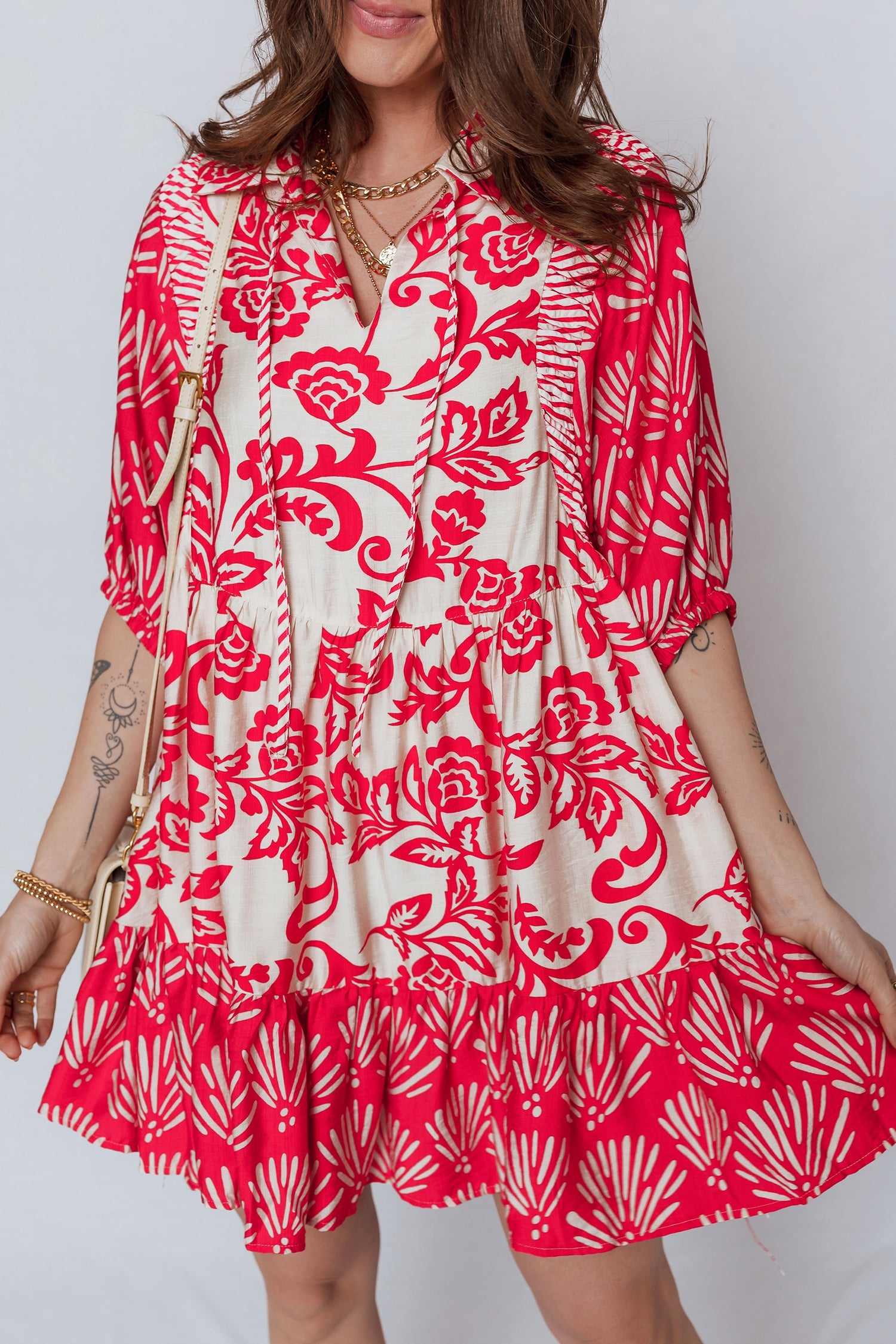 Red Collared V Neck Half Sleeve Loose Flower Mini Dress